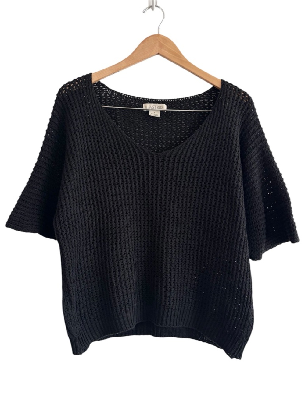 Astrid Black Open Loose Knit Short Sleeve Boxy V-Neck Sweater